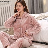 Pajama Sets Women Vintage Prints Winter Thicken Sleepwear Warm Turn-down Collar Stylish Classy Lady Flannel Loose Night Homewear