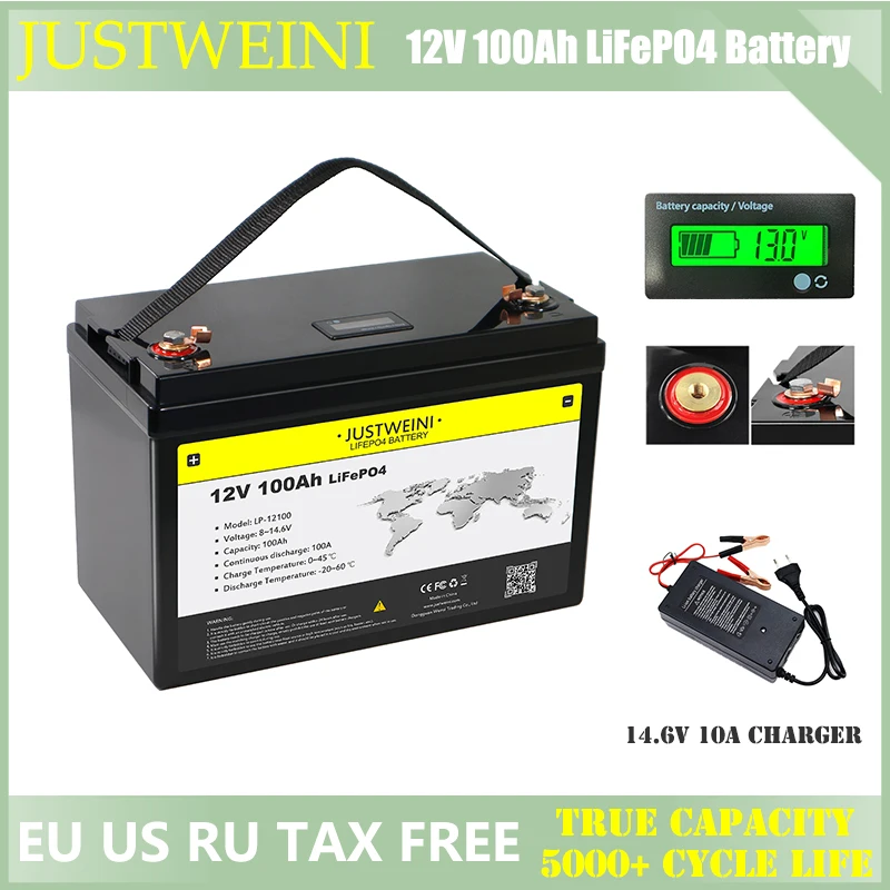 12V 100Ah LiFePO4 Battery Lithium Iron Phosphate Battery Built-in BMS for Solar Power System RV House Trolling Motor Tax Free