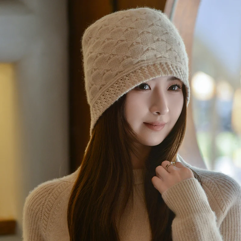 2024 Winter Women Cashmere Solid Knitted Hat Fashion Warm Ear protection hood cap Lady Soft Hats Leisure Windproof Females Cap