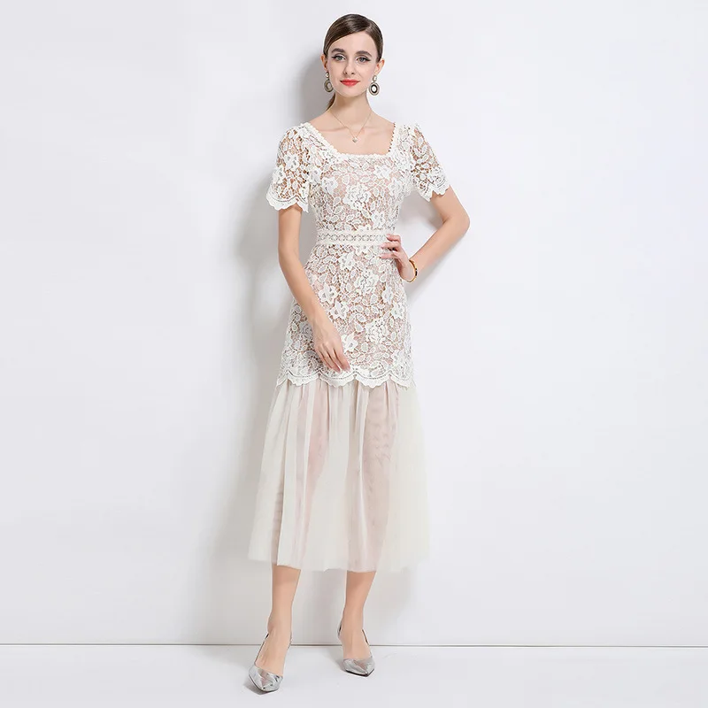 Ele Long Dr Lace Square Collar High-End Netting Splicing Ele Chic Sle Autumn Season oulder Baring Midi Dr