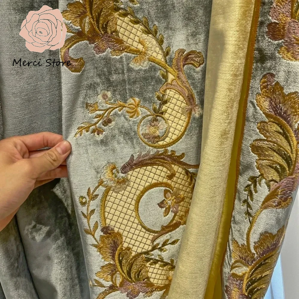 

Luxury European Gold Blue Velvet Embroidery Patch Curtains for Living Room Bedroom French Window Villa Thermal Insulated Drapes