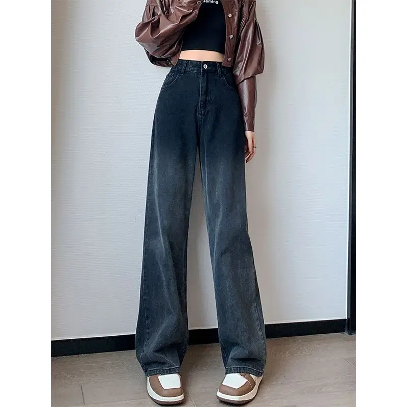 

Large Size Denim Trousers Women Straight Wide Leg Pants Loose Gradient Color High Waist Slim Soft Pocket Simple