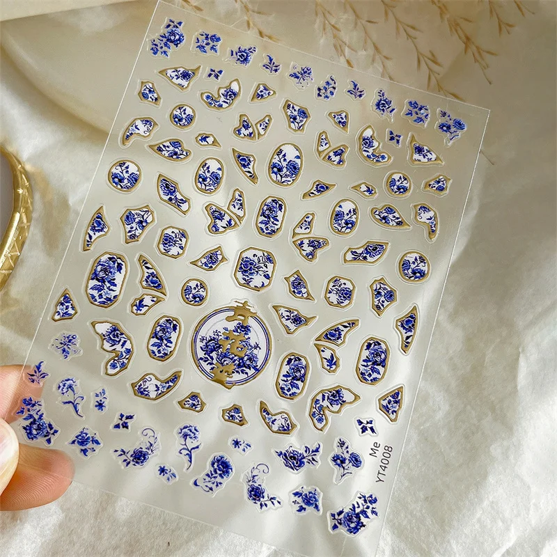 1 folha de adesivo de unha de porcelana azul e branca estilo chinês, adesivo de arte de unha de cerâmica com adesivo, adesivo de arte de unha DIY