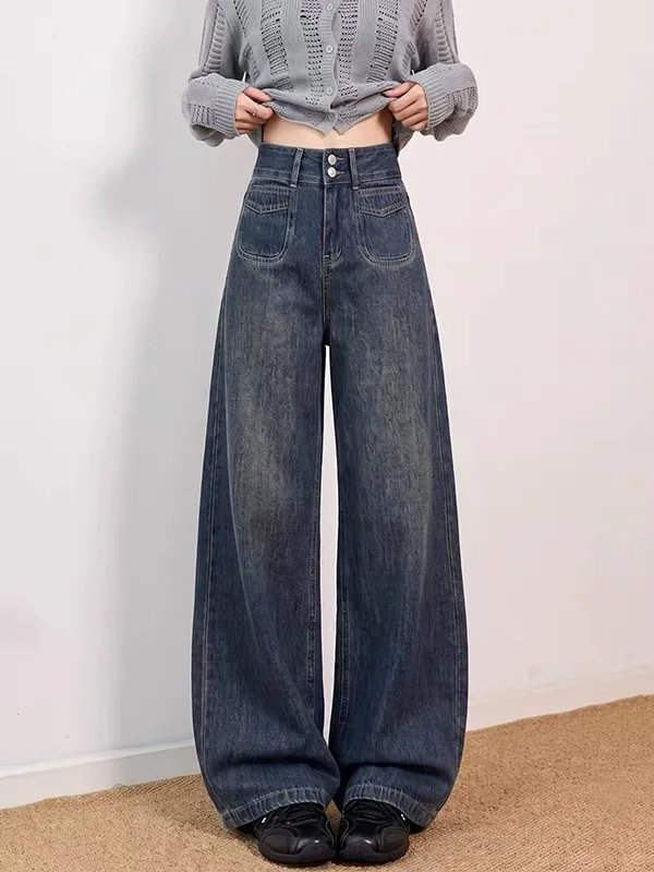 Retro Wide Leg Denim Jeans Women's Autumn New Lazy Draped Jeans Junior High School Students Long Pants Casual High Waist