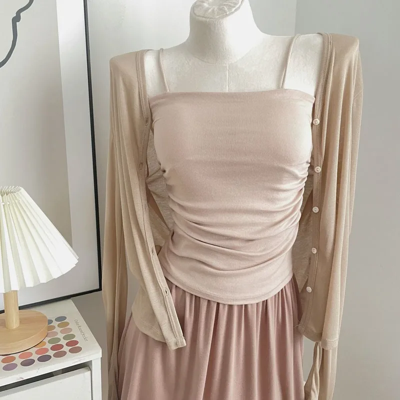 

Early Autumn Soft Khaki Lazy Thin Knitted Open Cardigan V-Ne Long Sve Comfortable Loose Outerwear Top Women's Faion