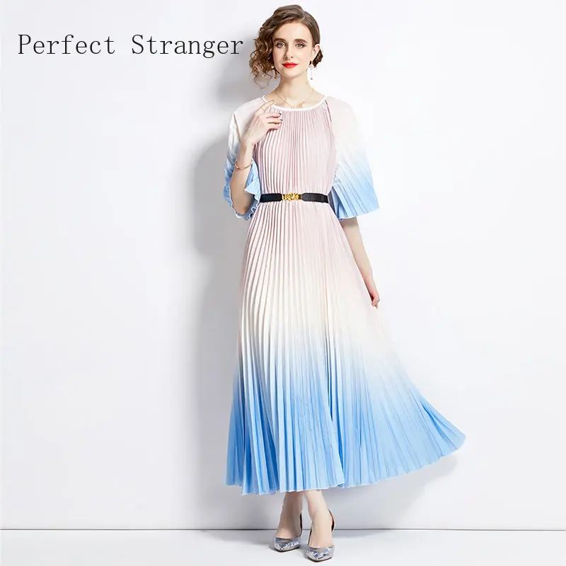 Large Size Loose 2024 Miyake New Summer Pleated Long Dress Women O-Neck Lace-up Belt Flower  Splicing Vintage Slim A-Line Dress