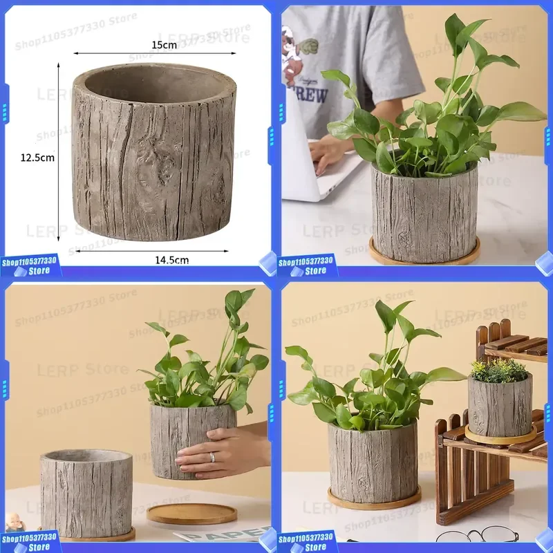 9.5cm Bamboo Wood Flower Pot Tree Grain Cement Planter Simple Style Indoor Outdoor Home Decor Garden Accessories Lift Design