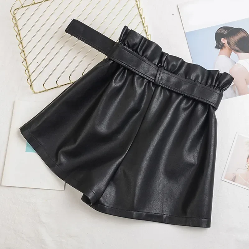 Women Chic Fashion Faux Leather Shorts Vintage High Waist Female Shorts All-Match Solid Color Loose Casual Pants