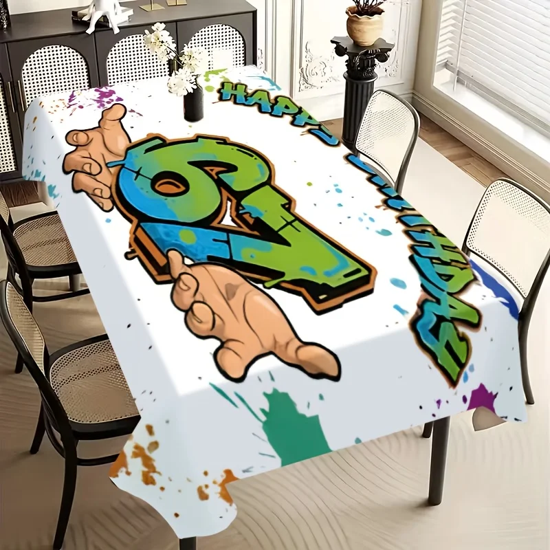 1Pc 2D Print Happy Birthday 67 Graffiti Tablecloth Multi-use Table Cover for Party Dining Decor  Table Protector Party Decor