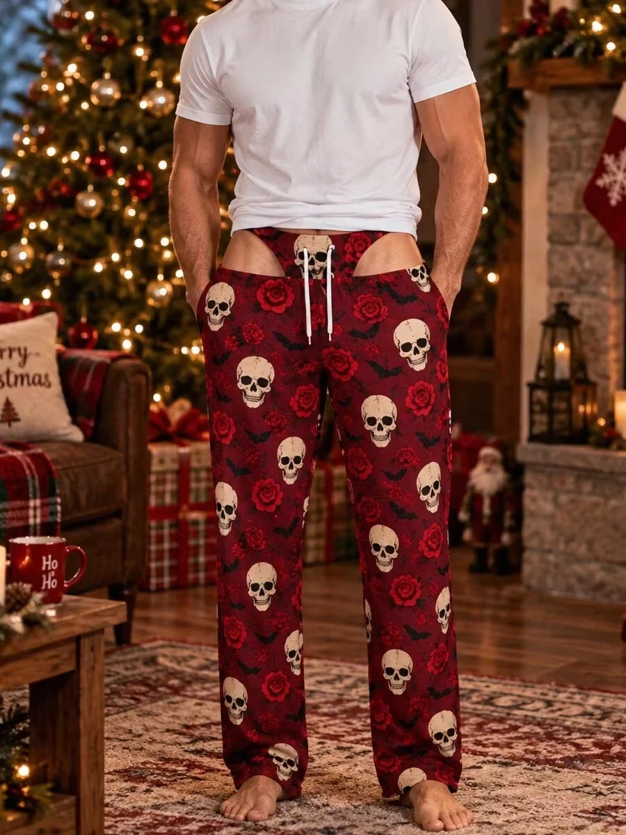 2026 Men Funny Lounge Pants 3D Pumpkin Skull Print Loose Casual Trousers Halloween Themed Holiday Bottoms