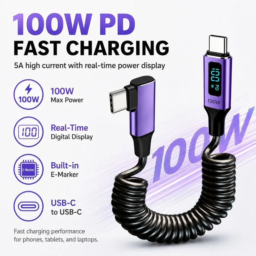 100W Fast Charging Right Angle USB-C Cable Real-Time Display 5A Type-C Fast Charging Cord 480Mbps Transfer Right Angle Plug