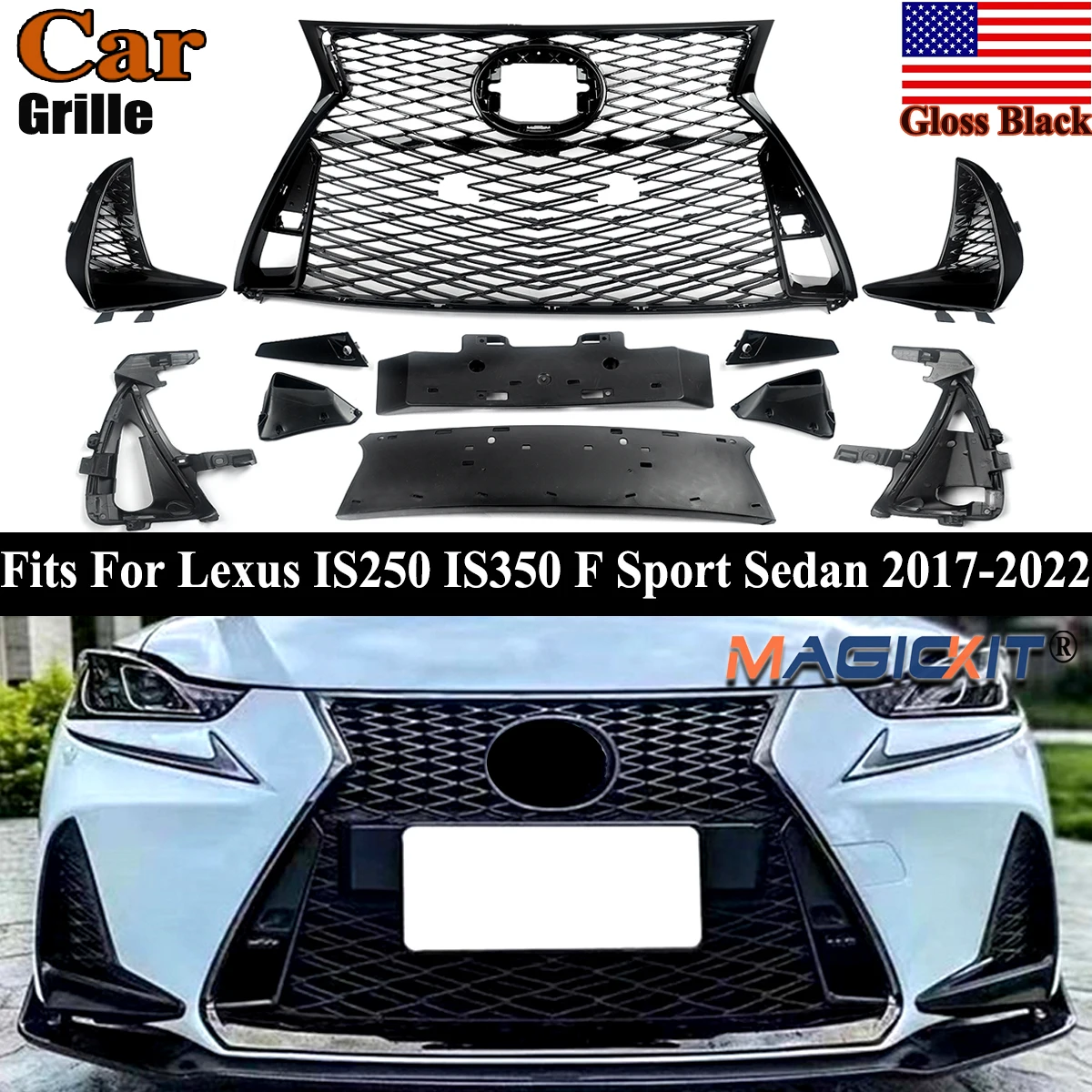 Magickit Grille Assembly For Lexus IS200 IS350 IS300h F-Sport 2017-2022 Glossy Black Front Bumper Upper & Lower Grills Body Kit