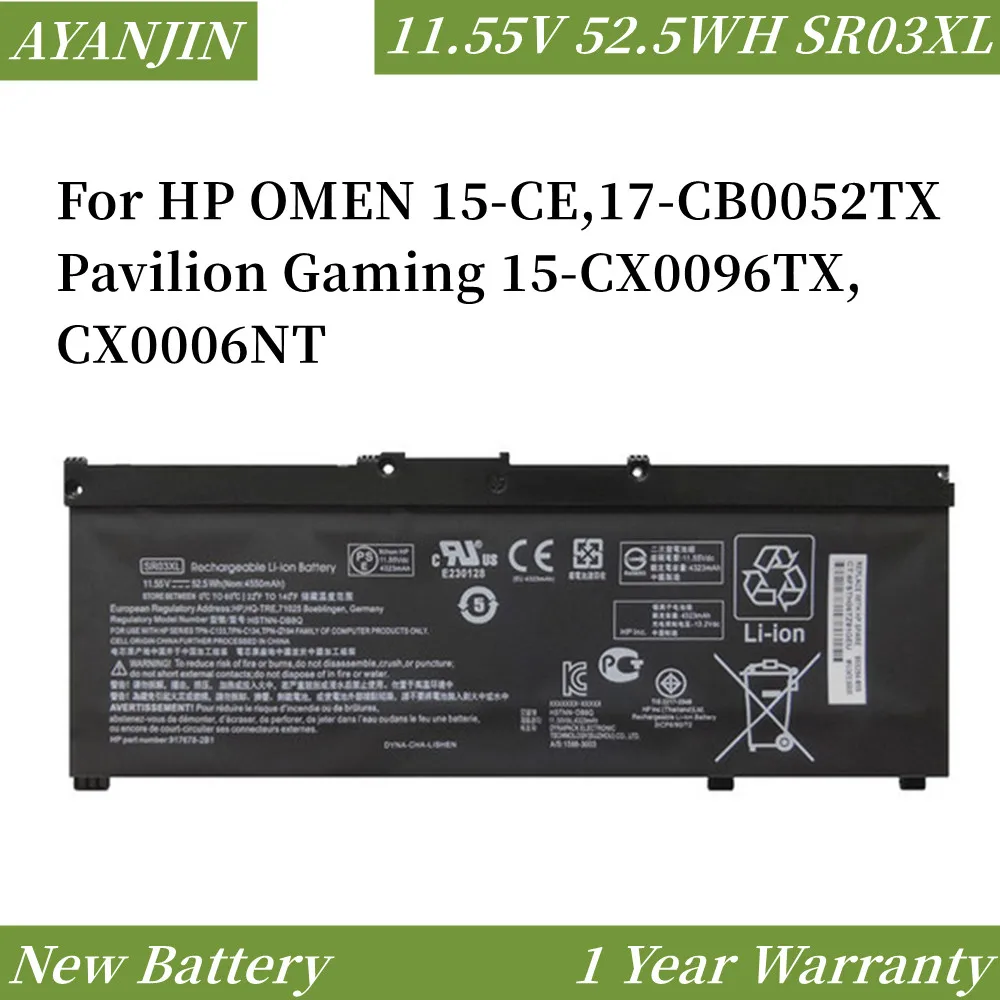 

11.55V 52.5WH SR03XL L08934-2B1 L08855-855 Laptop Battery For HP OMEN 15-CE,17-CB0052TX Pavilion Gaming 15-CX0096TX,CX0006NT