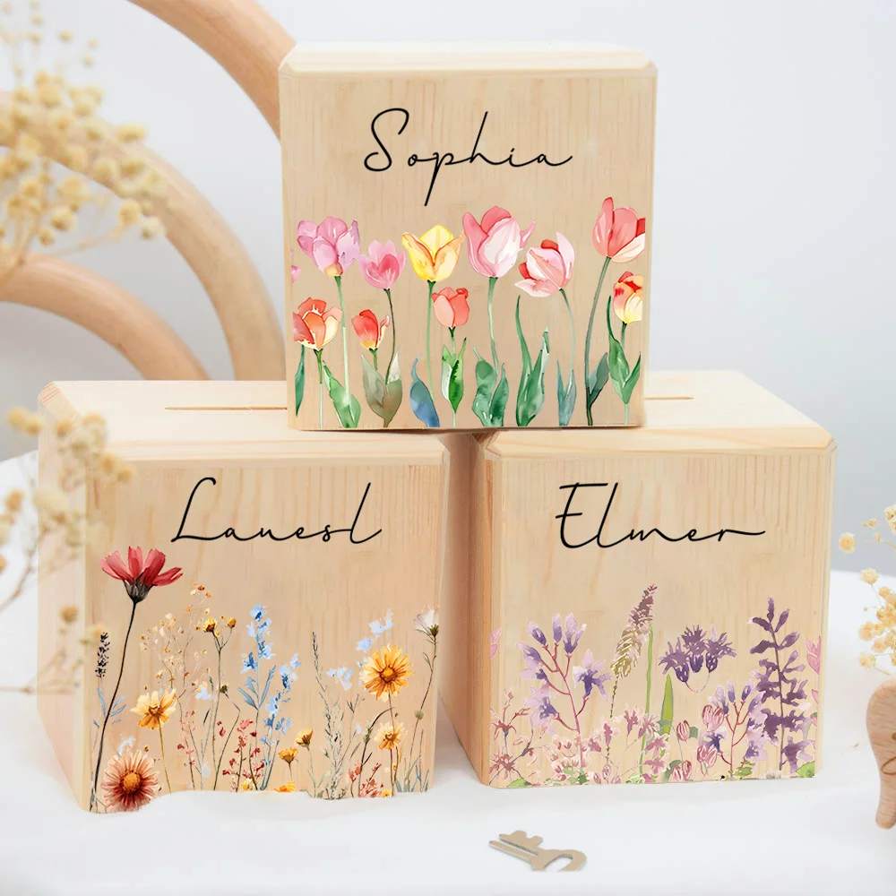 Personalized Piggy Bank Custom Wooden Money Box with Name Fashion Flower Pattern Money Box Child Piggy Bank Holiday Gift for Kid
