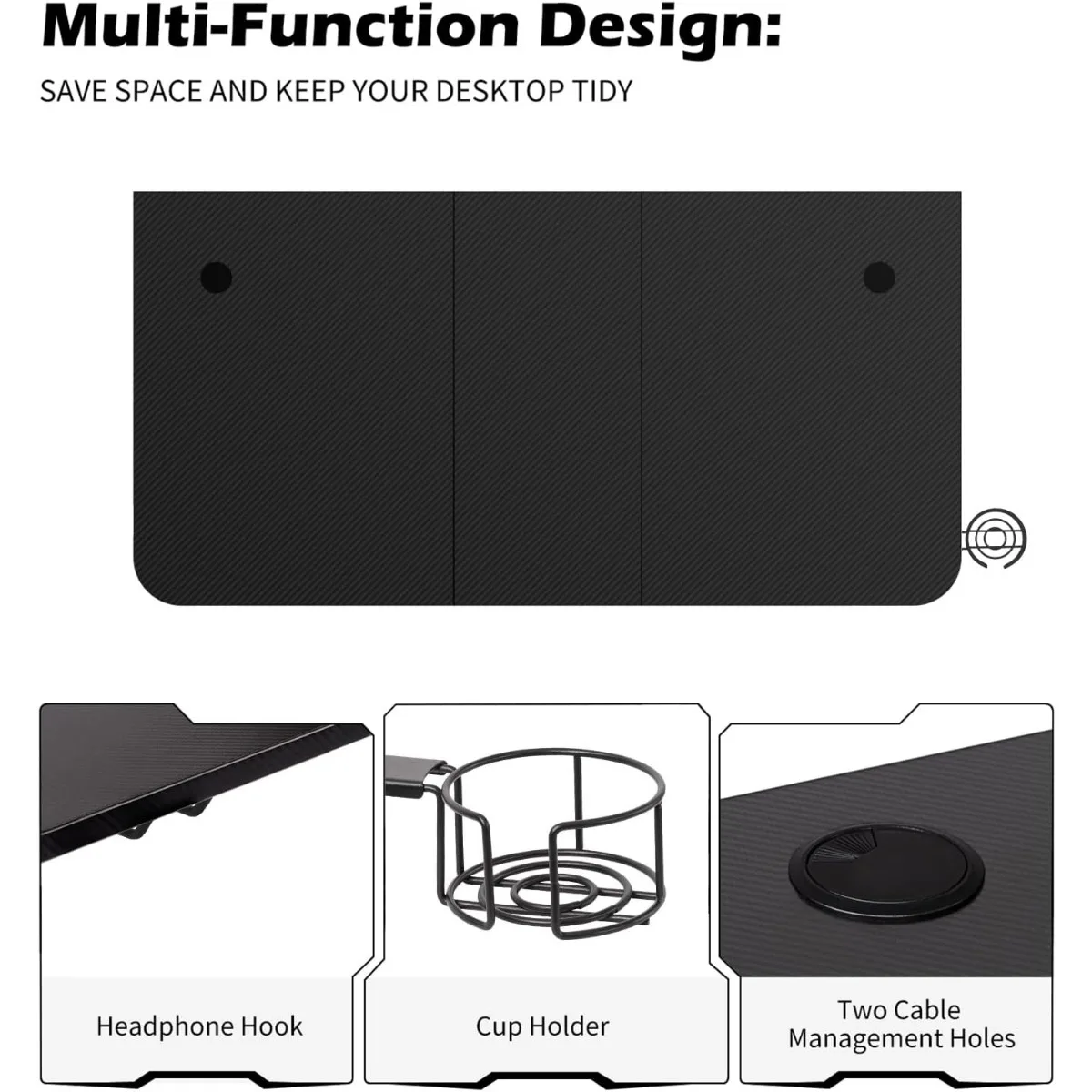 Biurko do gier o dużej powierzchni 63''x31,5'' z uchwytem na kubek, haczykiem na słuchawki i zarządzaniem kablami (czarne)