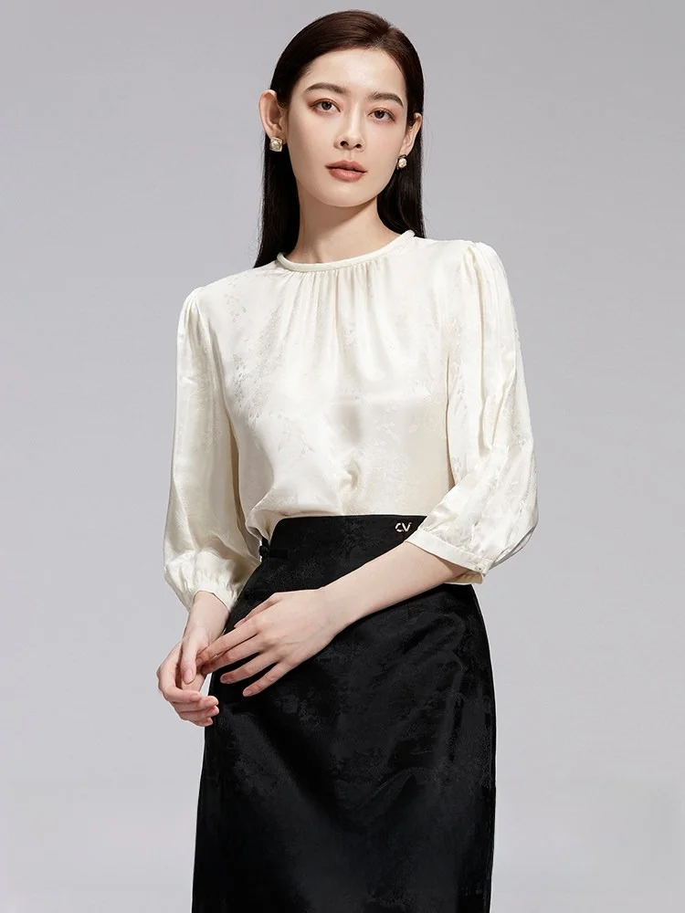 

Zfunzoe Китайская шелковая повседневная блузка для женщин с круглым вырезом и рукавами-фонариками, приятная к телу, дышащая, с цветочной вышивкой