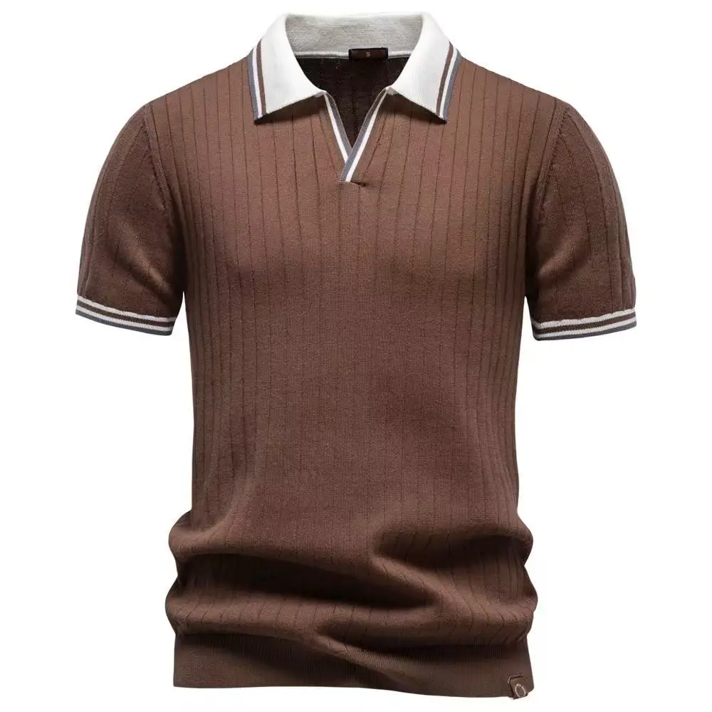 

Men's 2026 New Arrival Contrast Collar Vertical Ribbed Knit Polo Shirt Breathable Casual Business Summer Daily Wear Short Sleeve