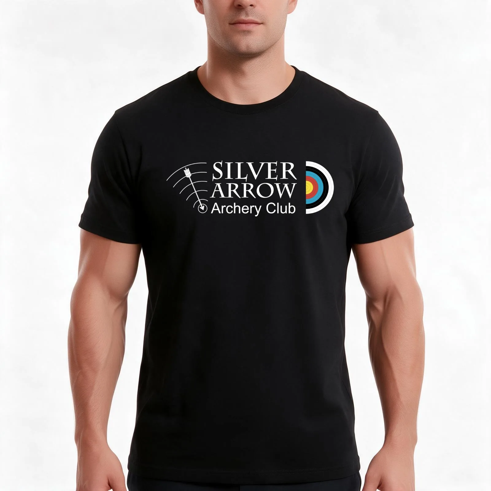 Silver Arrow Archery White Club Logo and Target T-Shirt, Summer Casual Cotton Tee, Oversized Streetwear Tops, Unisex Men Women