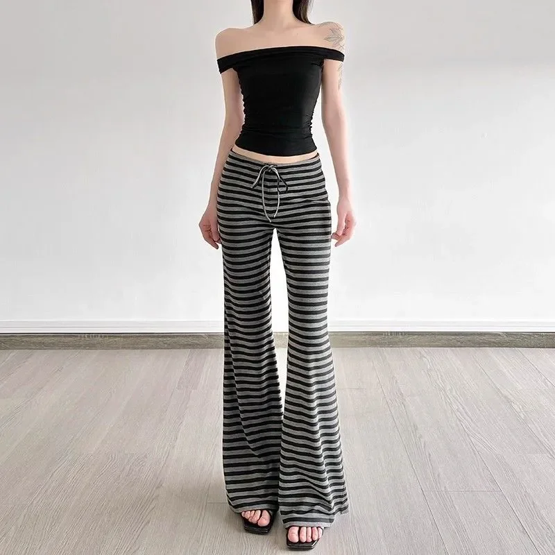 

Stylish Drawstring High Waist Trousers Women's Clothing American Casual Striped Autumn Basic Contrasting Colors Bootcut Pants