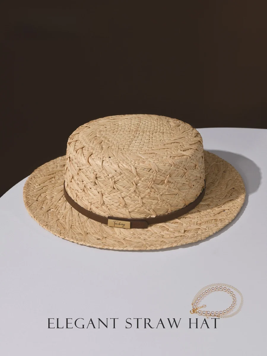 chapeau-de-paille-elegant-pour-femme-style-vacances-d'ete-protection-solaire-a-large-bord-et-dessus-plat-ideal-pour-les-voyages-et-la-saison-printaniere