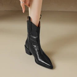 2024 Autumn Women Boots Pointed Toe Ankle Boots Genuine Leather Retro Western Boots Chelsea Boots Real Leather Shoes Women Shoes