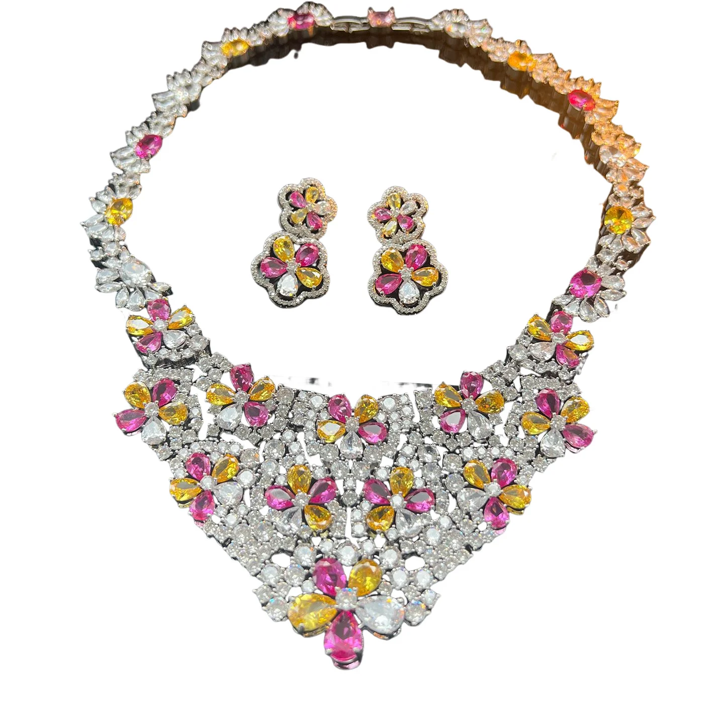 

New Luxury Women Multicolor CZ Flower Jewelry Statement Necklace Earrings For Fashion Bridal Wedding Party Accessories Statement