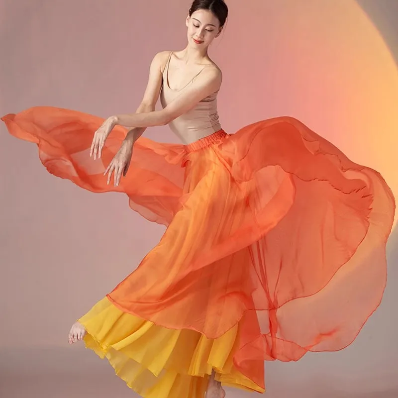 

Classical Dance Skirts Women Stage Practice Clothing Outer 100D Tencel Inner 30D Chiffon 2 Layer 800 Large Swing Dancewear