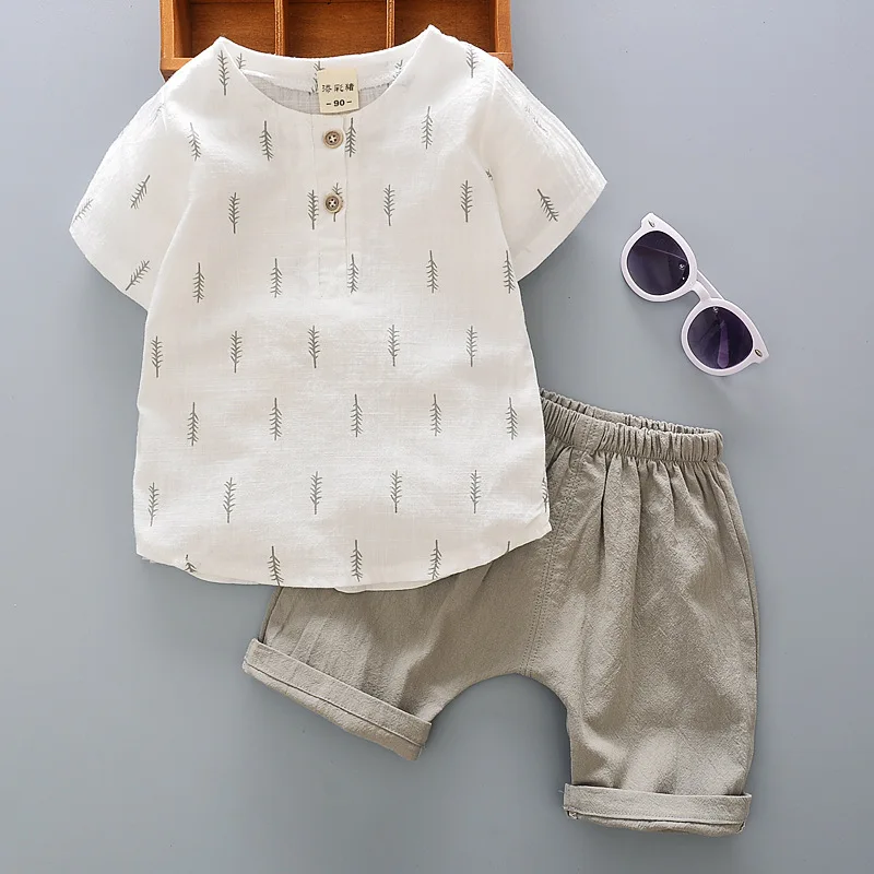 Boys' Cotton and Linen Short-Sleeved Shirt Suit2024Summer New Children's Clothing Baby Baby Children's Summer Clothes Two-Piece