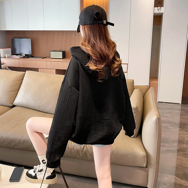 Dames Koreaanse losse casual dunne hoodies patch jacquard zak trui vrouwelijke tops lente uitloper herfst