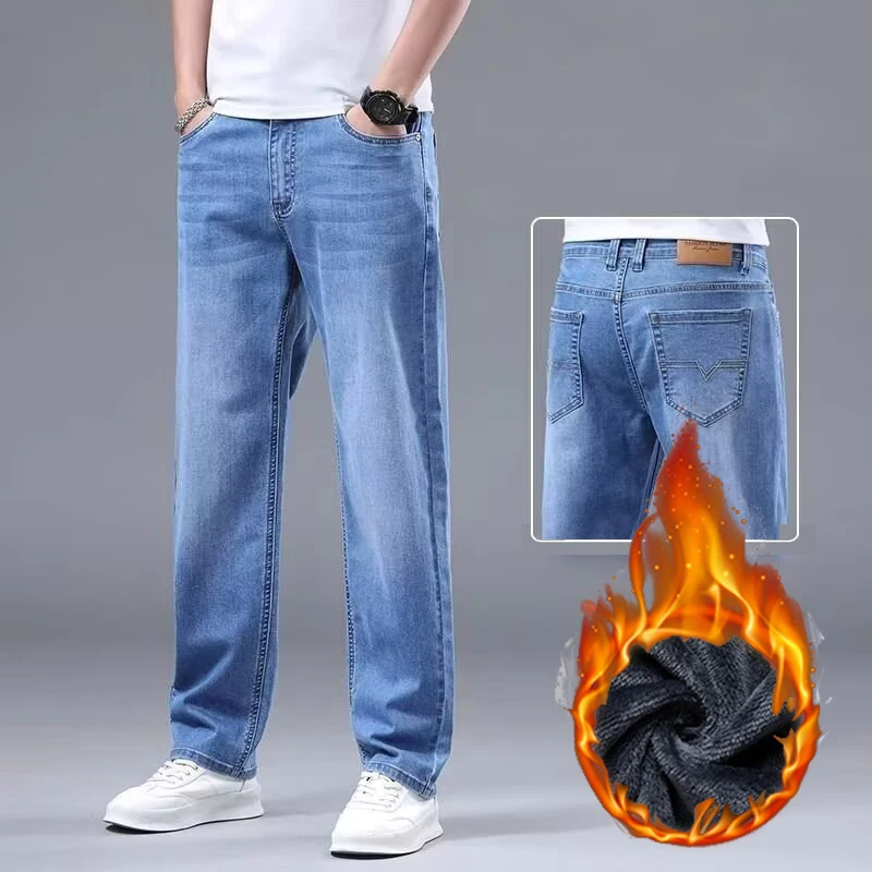 Men New Fleece Lined Thickened Jeans Male Winter Loose Straight Slim Fit Denim Pants High End Casual Comfortable Trousers