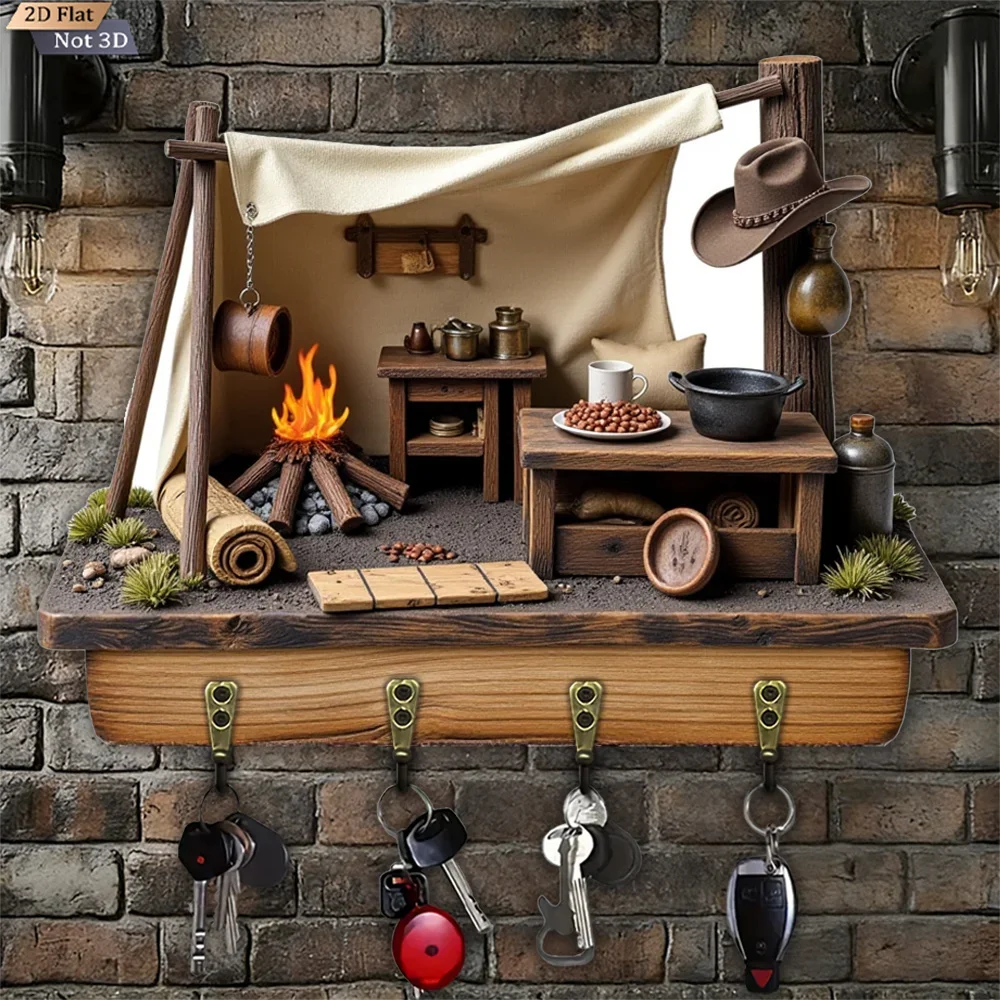 2D Flat, 1pc, Western Camping Style Wooden Key Hook, Wooden Multifunctional Home House Key Hook, with Four Metal Hooks, Wall