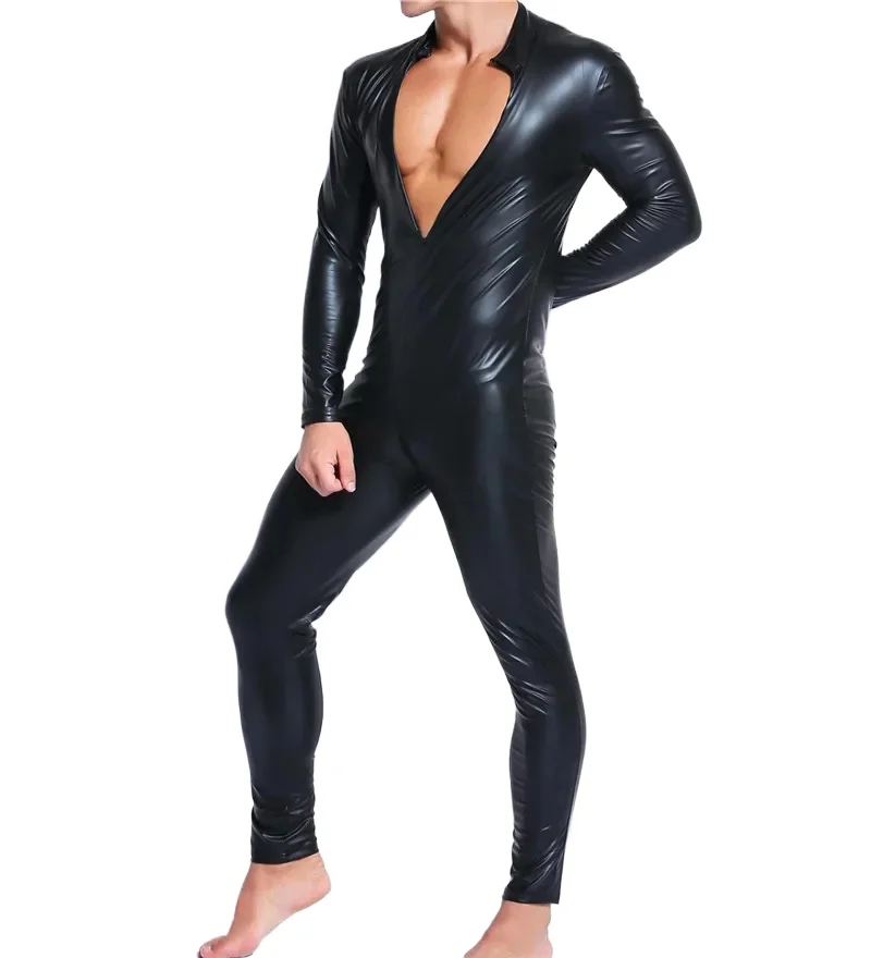 

Мужской комбинезон из ПВХ-кожи, боди, сексуальный комбинезон-кэтсют с молнией и открытой промежностью, мужское цельное белье, сексуальная мужская одежда