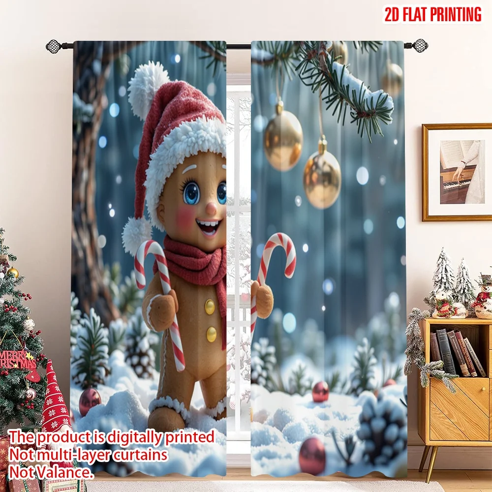 

2pcs 2D flat printing Merry Christmas Scene Curtains Gingerbread Man Christmas Winter Wonderland Fabric Without Electricity 0