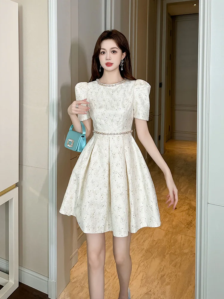 

Coigarsam Women's Summer Dress New Office Lady Cute Solid Lace Puff Sleeve O-Neck High Waist Black Apricot Colored Dresses