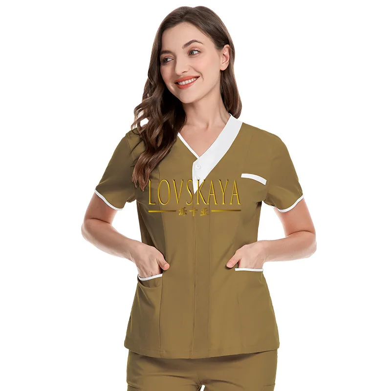 V-neck cirúrgico uniforme feminino, Top manga curta, salão de beleza trabalho uniforme, médico e feminino