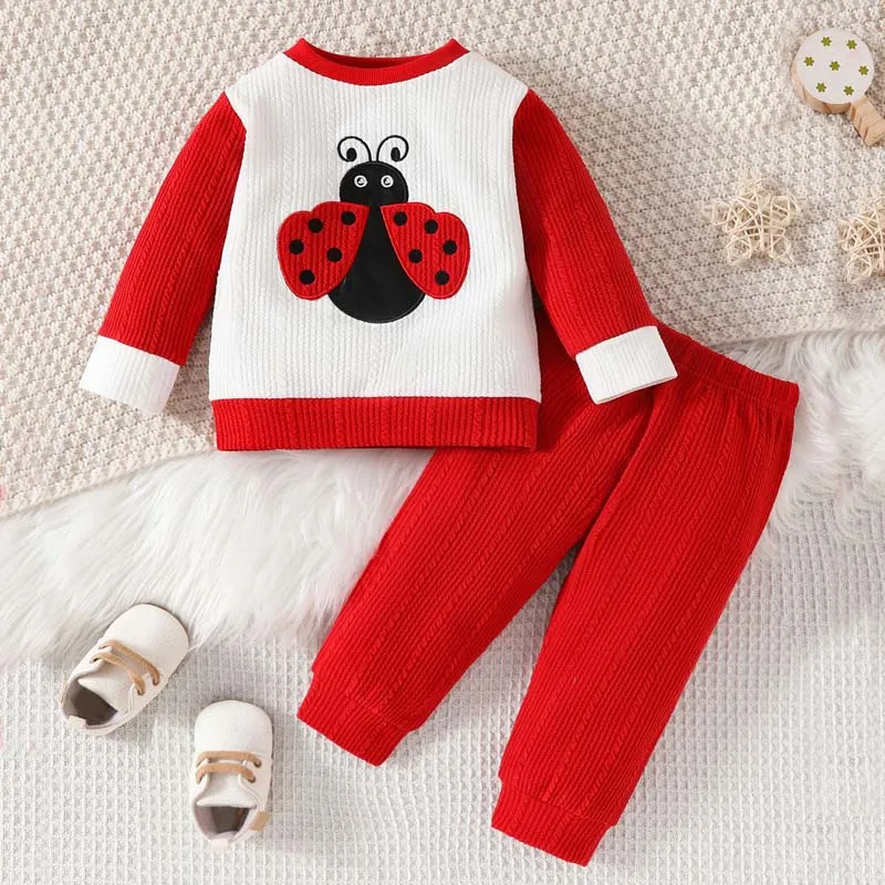 Autumn Infant Baby Girls Set Ladybird Embroidery Patchwork Colour Long Sleeve Top Red Trousers 2Pcs Outfits Toddler Girl Clothes