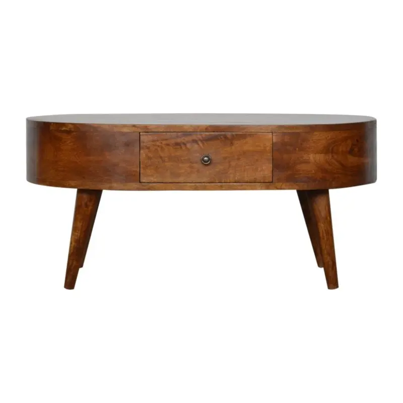 Chestnut Rounded Coffee Table, Nordic Legs, 2 Drawers, Brown