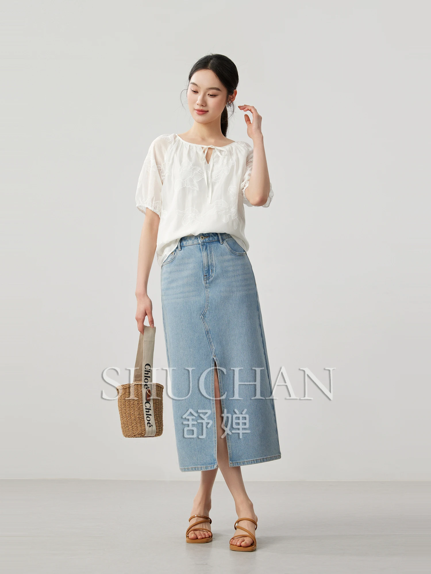 Good Quality 25 Charlessel Blended Begonia Embroidered Bubble Sleeve Short Lace-Up Delicate Shirt Womens Tops