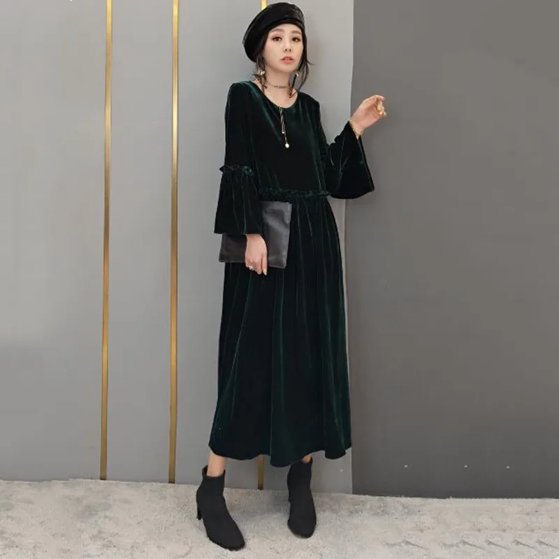 2022 Autunm Phong Cách Hàn Quốc Nữ Thanh Lịch Vintage Xếp Ly Xù Velour, Áo Tay Dài Đầm Dự Tiệc Vestidos