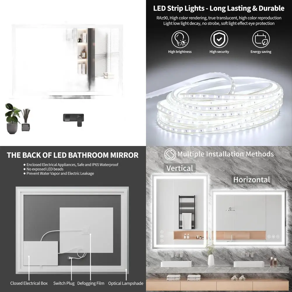 

Illuminated Tempered Glass Bathroom Mirror with Anti-Fog, 3 Color LED Lights, Dimmable Brightness, and Memory Function