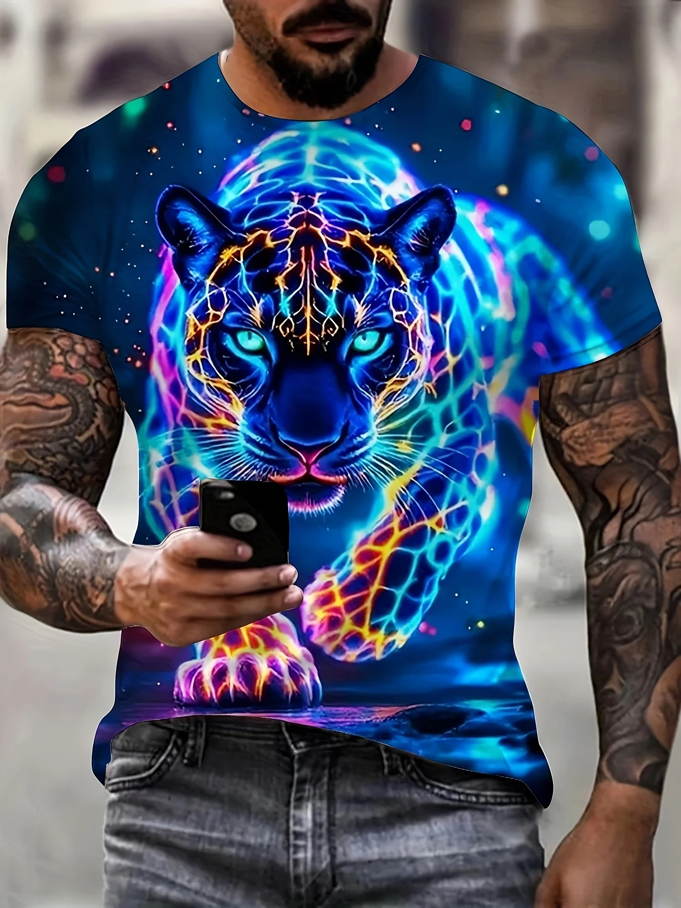 Men's Summer 3D Leopard Print T-Shirt Casual, Slightly Stretchy Breathable T-Shirt Men's Outdoor Casual Short-Sleeve T-Shirt