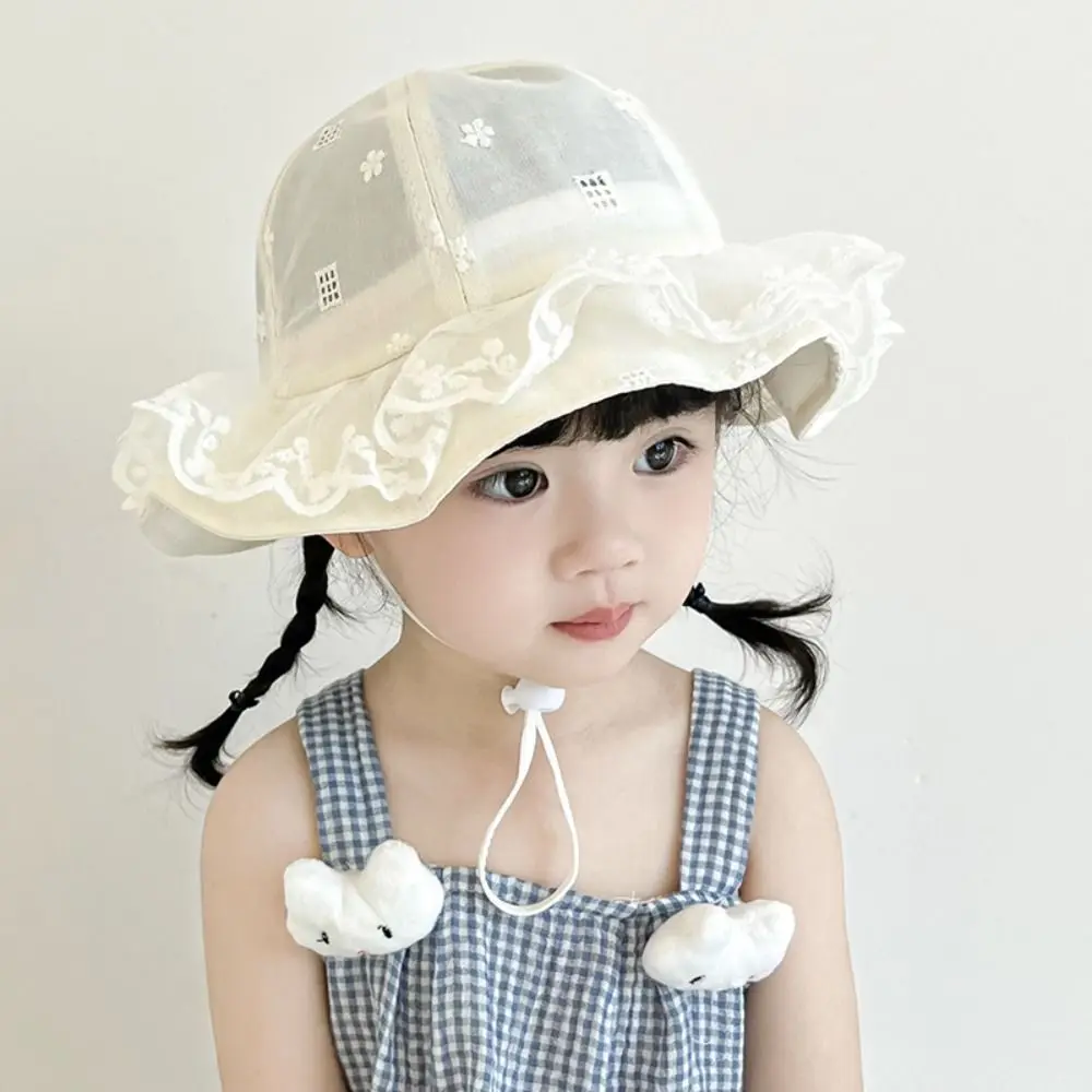 

Lovely Sweet White Lace Bucket Hat Sunscreen with Rope Toddler Sun Hat Ruffle Princess Baby Fishermen Hat Outdoor