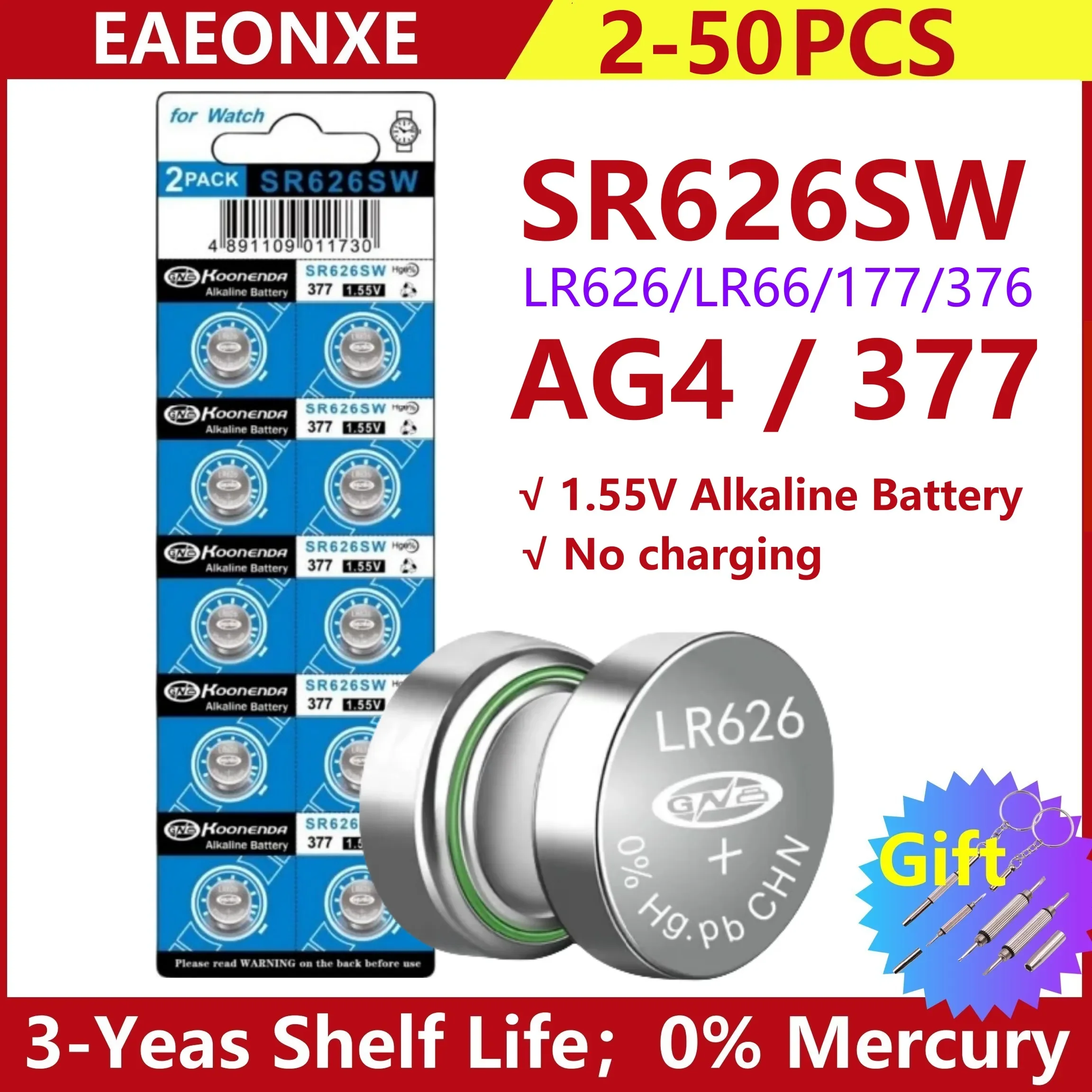 

2-50pcs High Capacity SR626SW AG4 Equivalent 377S 377 LR626 1.55V Button Cell Battery for Watch Candle lamp Replacement