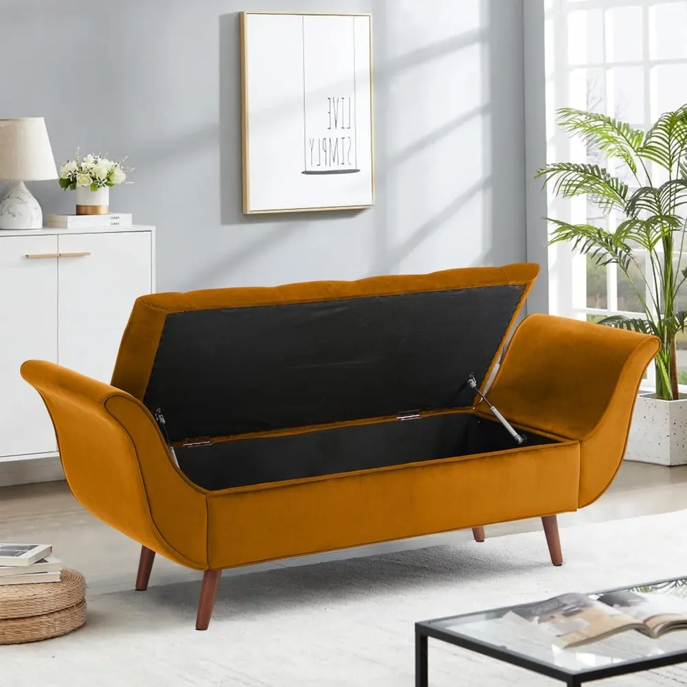 Banco de almacenamiento para dormitorio, banco de terciopelo de 65 pulgadas con extremo de cama, banco largo acolchado con botones, otomano de almacenamiento, de madera maciza