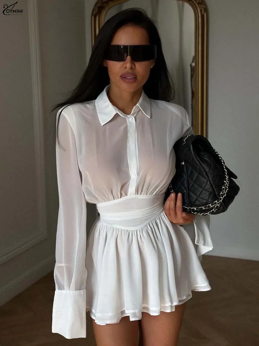 Oymimi Summer White Translucent Women's Dresses Fashion Lapel Long Sleeve Single Breasted Dresses Casual New Pleated Mini Dress