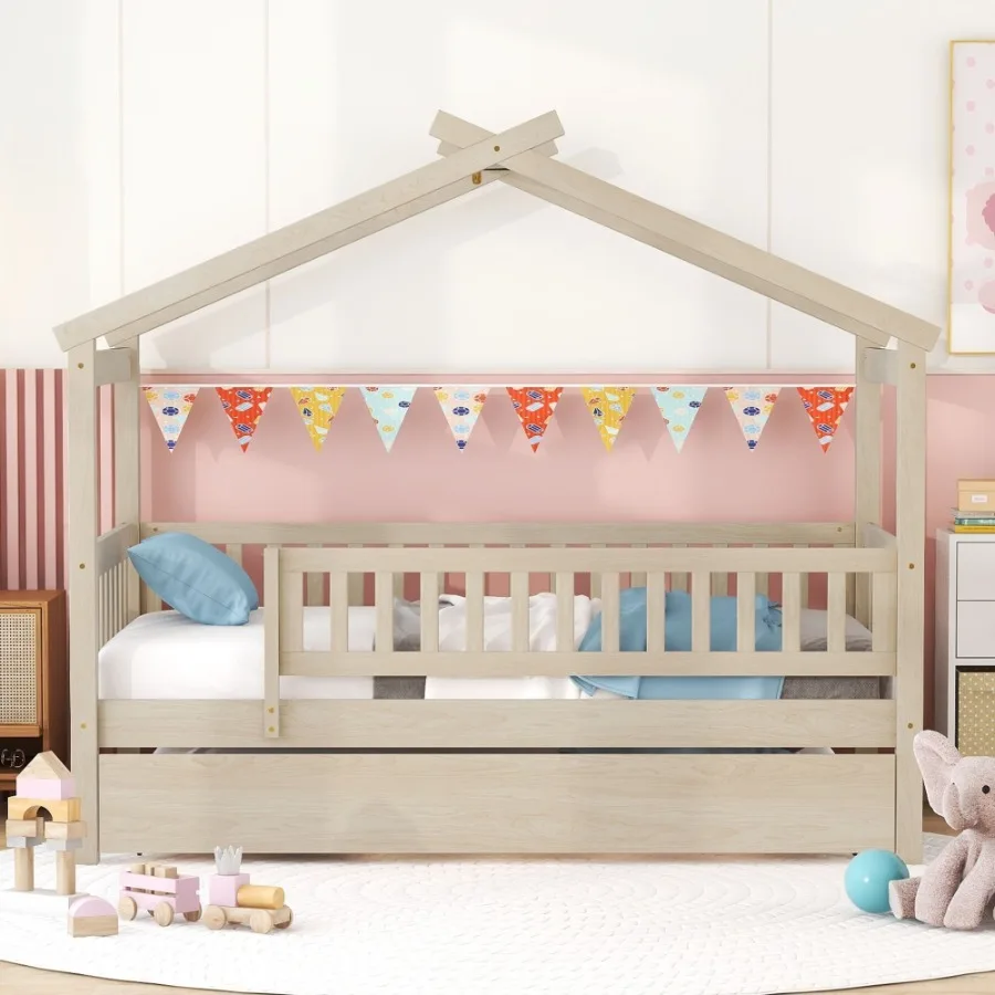 Twin Size Wooden House Bed with Twin Size Trundle Natural