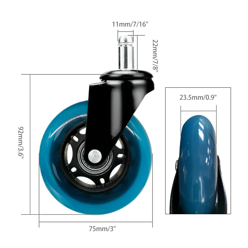 5 pak kualitas tinggi biru 3 inci transparan lembut PU kursi kantor roda putar furnitur kastor