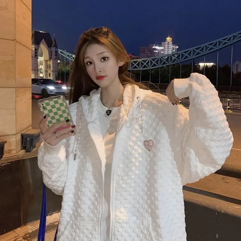Autumn Winter New Waffle Women Jacket Coat Sweatshirts Korean Fashion Harajuku Loose Zip Up Hoodie Hoodies Y2k Streetwear Women
