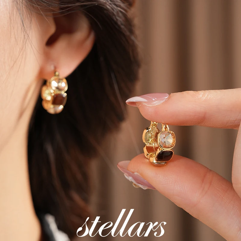 

Vintage Diamond Inlaid Square U-Shaped Ear Clips Fashionable Retro Versatile Light Luxury High-End Women Earrings