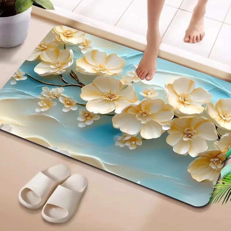 Floral Bathroom Rug, Quick Dry Water Absorbing Non-slip Floor Mat for Washroom Entrance